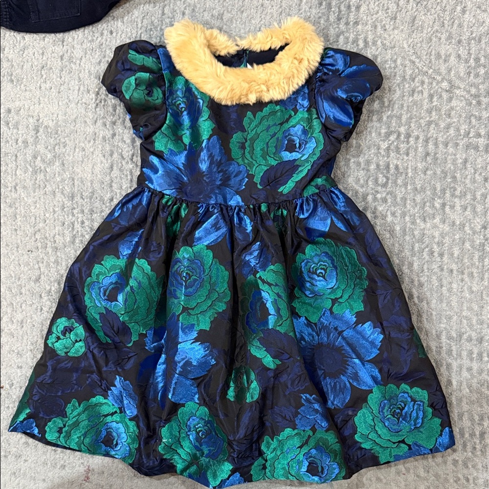 Janie and jack Blue & Green Floral Puff Sleeve Dress with Faux Fur Collar 4